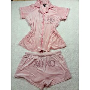 XOXO Pink Ribbed Velour Pajama Set Rhinestone Logo Short Sleeve Shorts Womens L